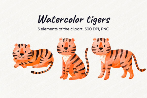 Download Watercolor Orange Tigers in Three Poses - Tiger Collection